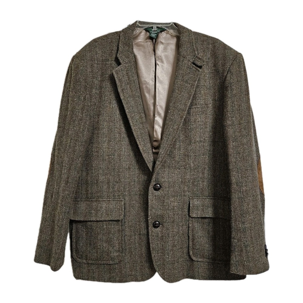 Woolrich Blazer Mens XL Brown Herringbone Wool Blend Elbow Patch Sport Coat
